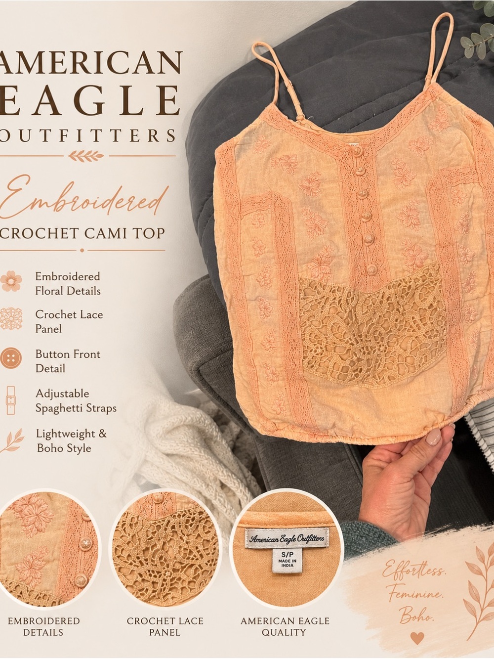American Eagle Outfitters Embroidered Crochet Cami Top - Peach small